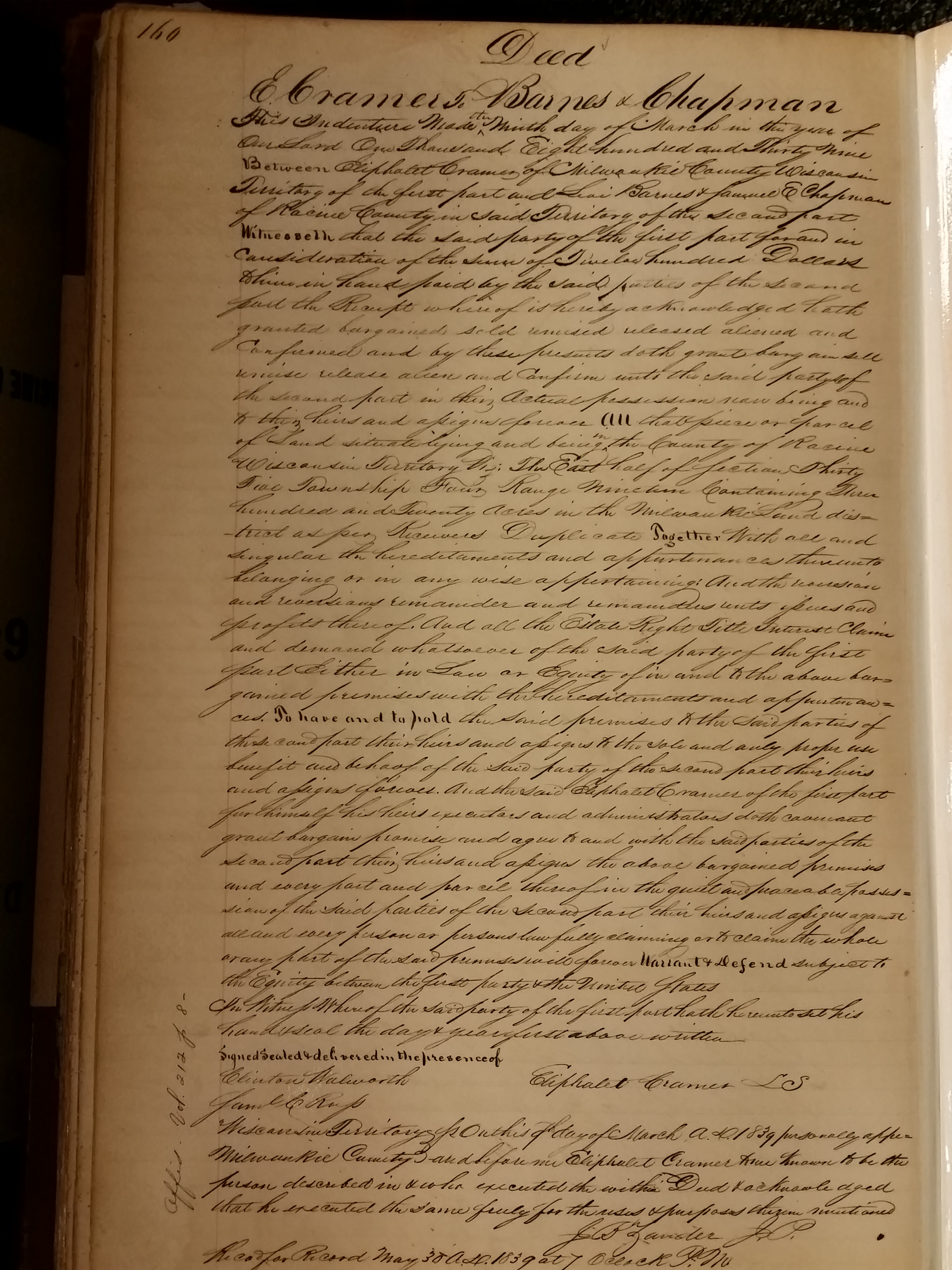 1839-3-9 Cramer to Chapman-Barnes E half Sec35 VolB p160-1
