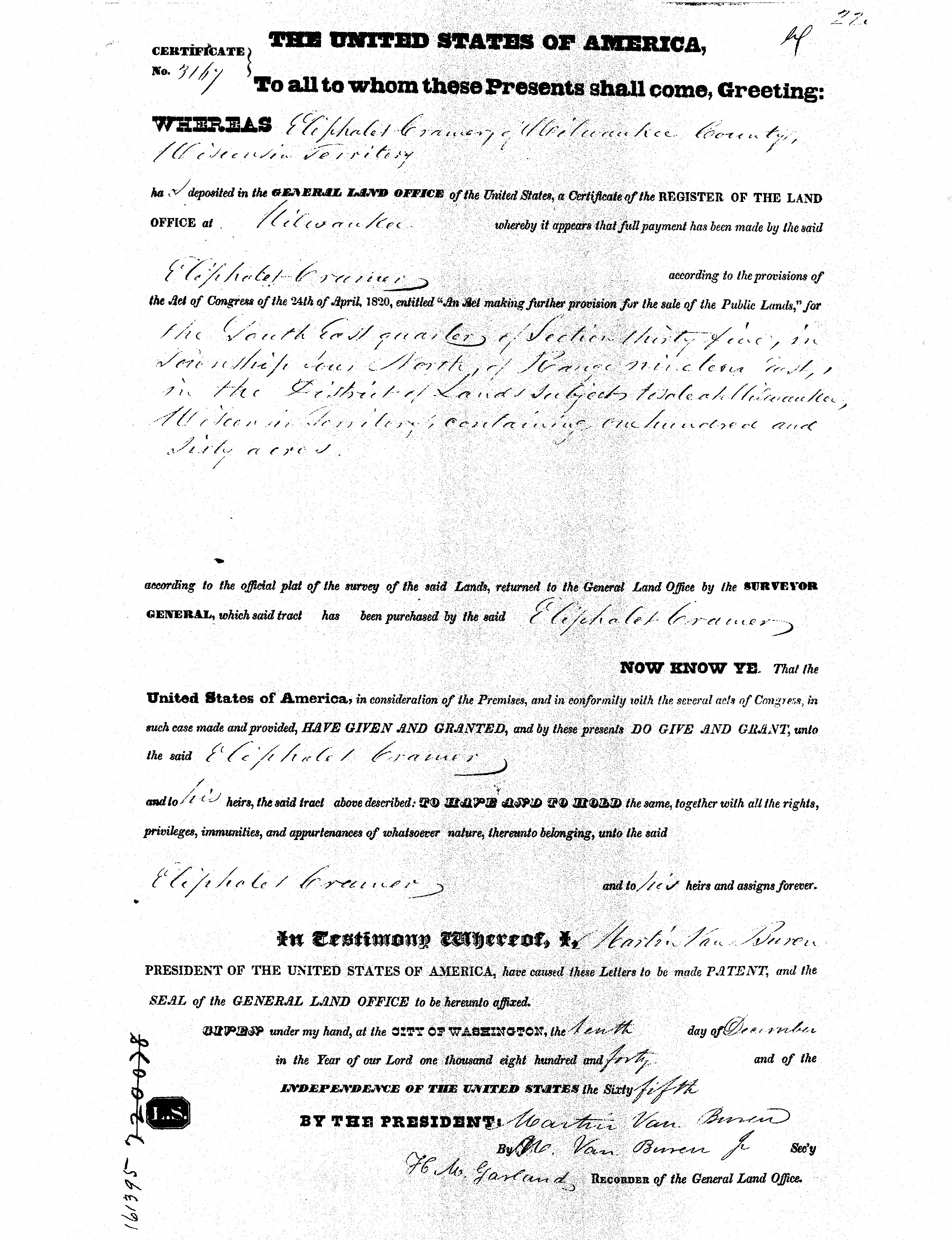 Cramer SE1-4 section Land Patent_01